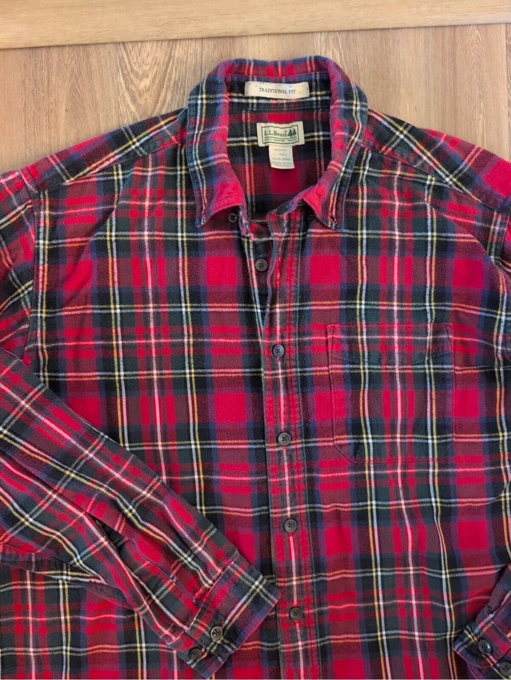 LL Bean Flannel Shirt Mens L Tall Red Plaid Tartan  100% Cotton Button Down VTG